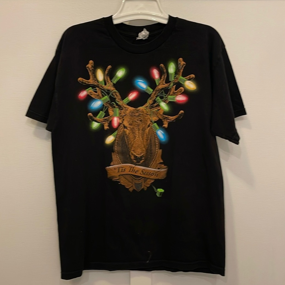 Tis The Season Deer w Holiday Lights Black Short Sleeve Tee Shirt Unisex medium